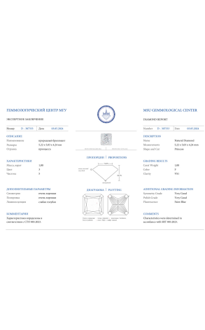 Кольцо  1,00 ct F/VS1 Princess Cut Diamond (38137) №2