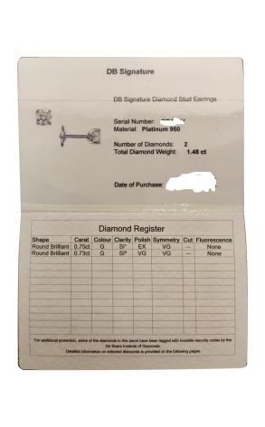 Пусеты De Beers 0,75 ct G/SI1 - 0,73 ct G/SI2 Signature Round Diamond (39281) №2